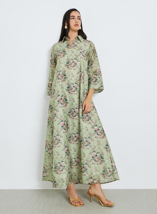 Amirah Women Green Floral Print A-Line Jalabiya - Image 5